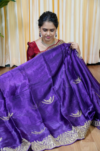 Space silk tissue sarees with heavy embroidery chumky work blouse unstitched🥳