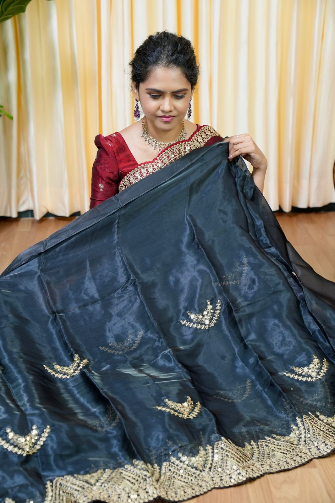 Space silk tissue sarees with heavy embroidery chumky work blouse unstitched 🥰😎🌈