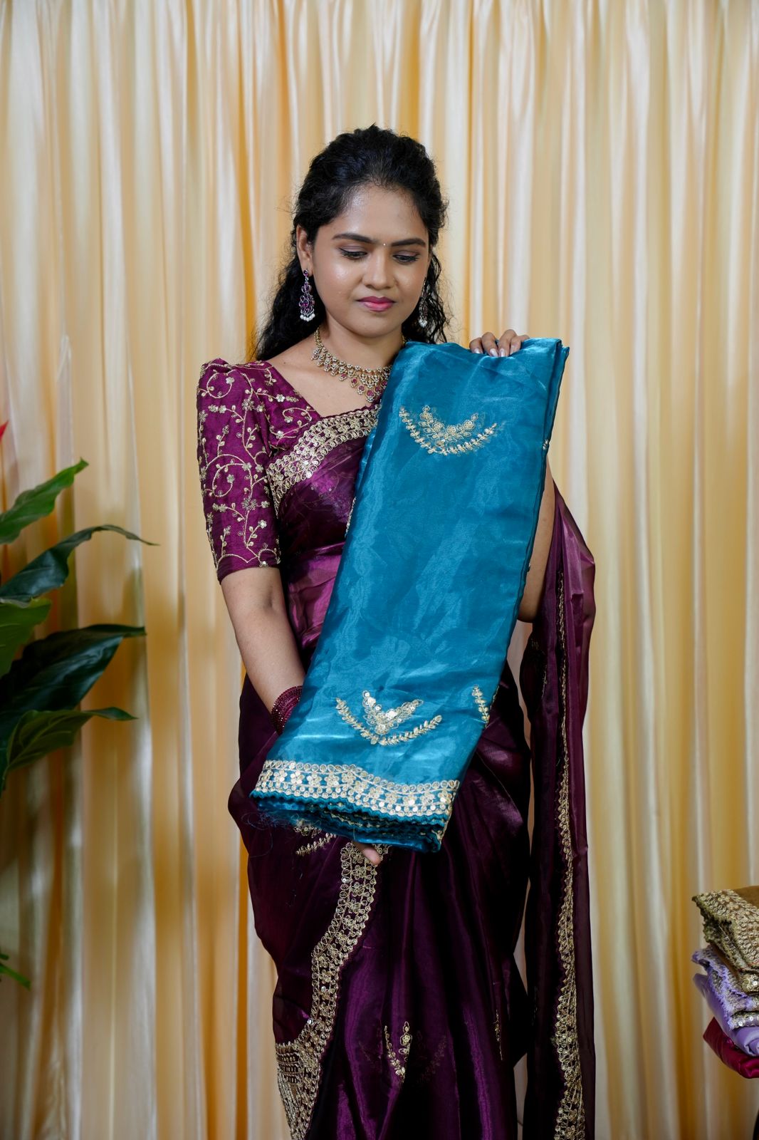 Space silk tissue sarees with heavy embroidery chumky work blouse unstitched 🥰😎🌈