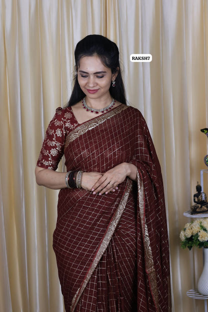 Premium Viscose Georgette Saree checks zari With Dola Viscose Blouse 🥳Dark chocolate brown