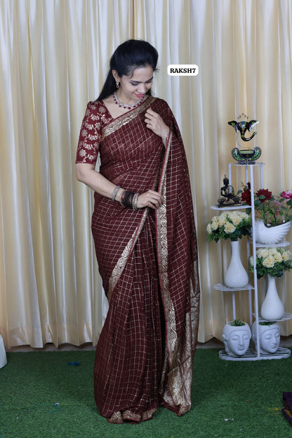 Premium Viscose Georgette Saree checks zari With Dola Viscose Blouse 🥳Dark chocolate brown