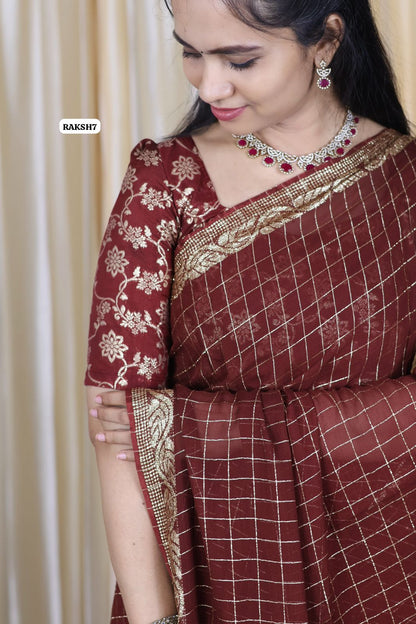 Premium Viscose Georgette Saree checks zari With Dola Viscose Blouse 🥳Dark chocolate brown
