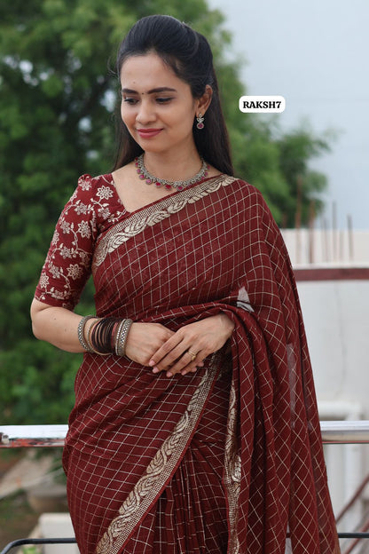 Premium Viscose Georgette Saree checks zari With Dola Viscose Blouse 🥳Dark chocolate brown