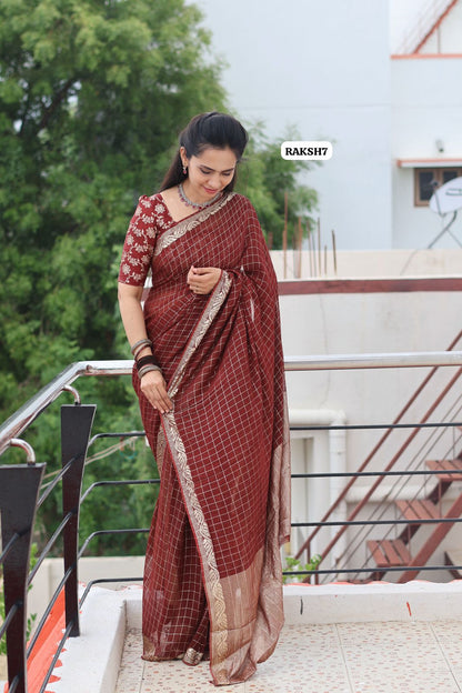 Premium Viscose Georgette Saree checks zari With Dola Viscose Blouse 🥳Dark chocolate brown