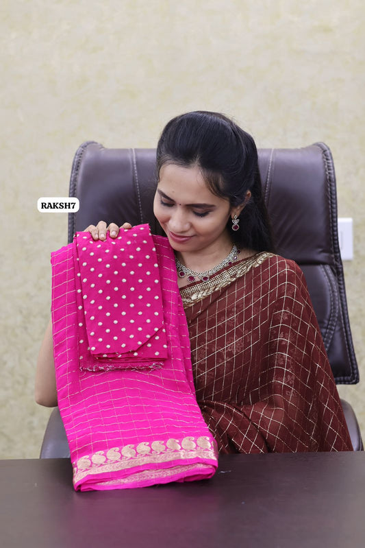 Premium Viscose Georgette Saree checks zari With Dola Viscose Blouse 😍🥳Dark pink
