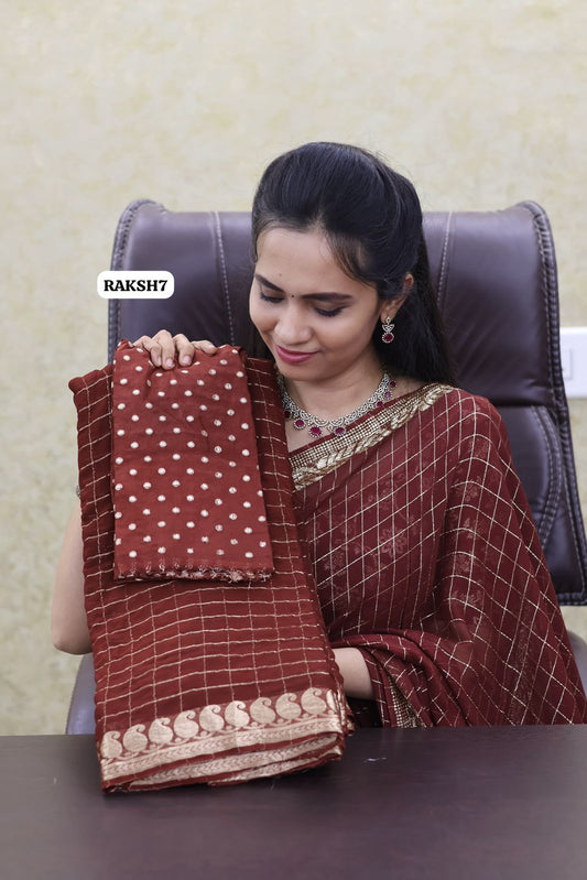 Premium Viscose Georgette Saree checks zari With Dola Viscose Blouse 😍🥳chocolate brown