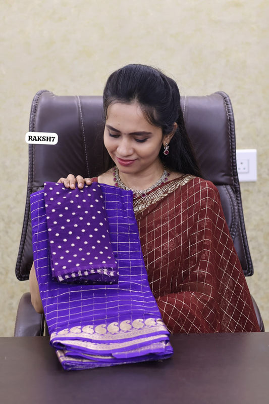 Premium Viscose Georgette Saree checks zari With Dola Viscose Blouse 🥳Violet