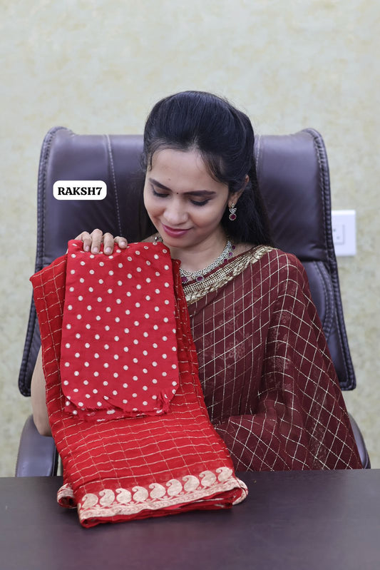 Premium Viscose Georgette Saree checks zari With Dola Viscose Blouse 😍🥳Red