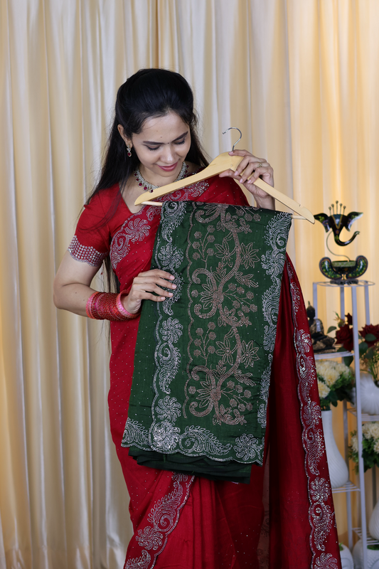 Party wear 
Chinnon silk with heavy work with running blouse 😍🥳