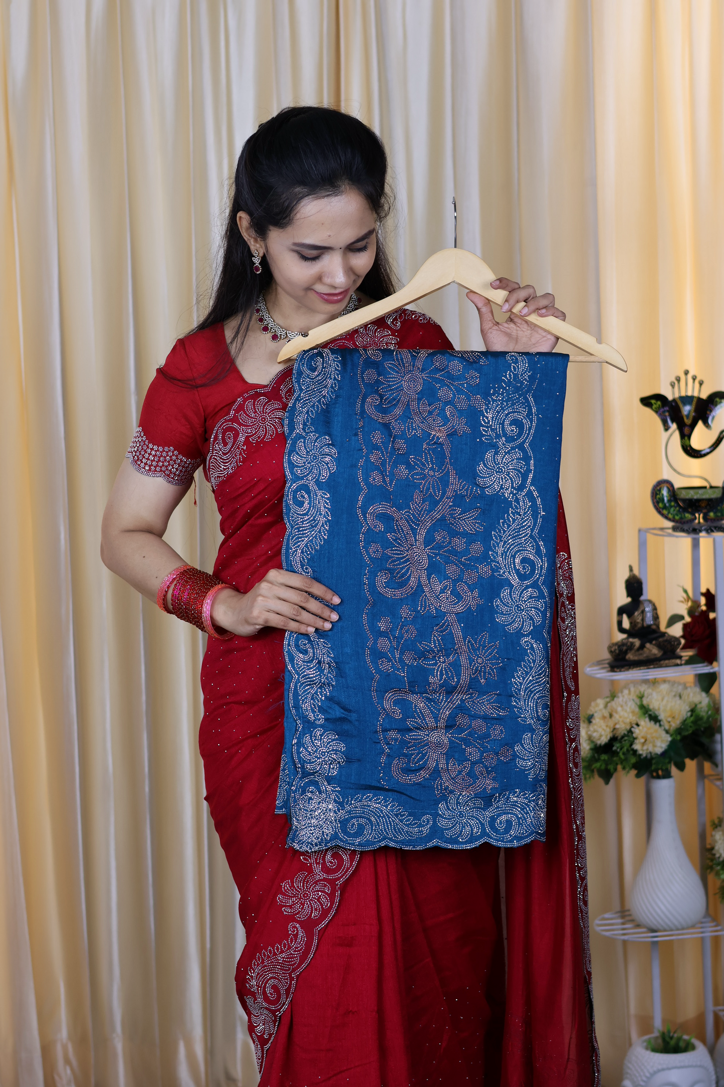 Party wear 
Chinnon silk with heavy work with running blouse 😍🥳