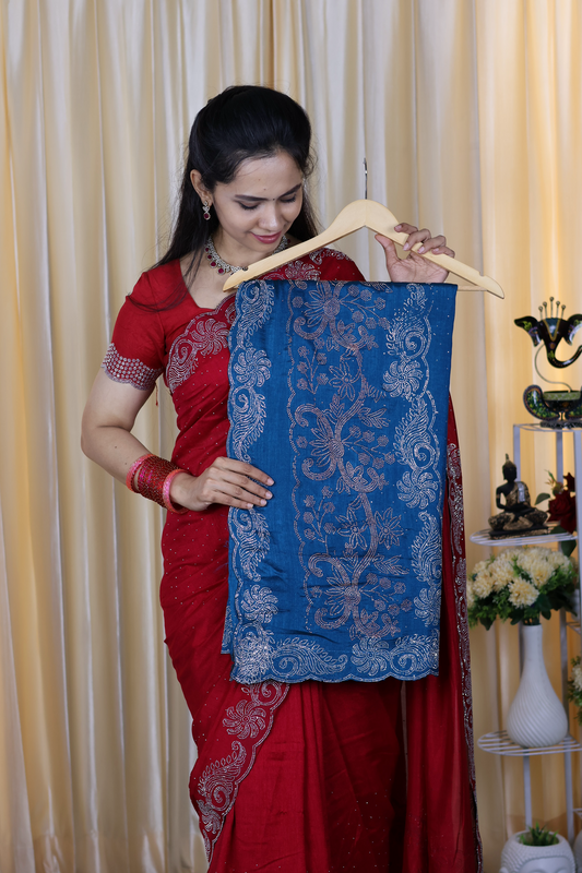Party wear 
Chinnon silk with heavy work with running blouse 😍🥳
