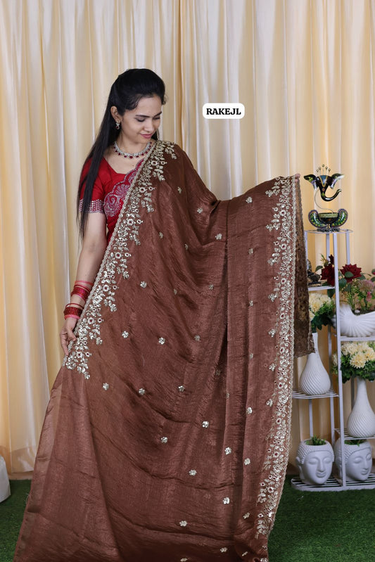 Space silk model with heavy sequins and embroidery work at just  offer 😍chocolate brown