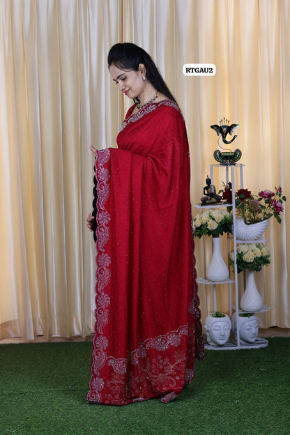 Party wear Chinnon silk with heavy work with running blouse 🥰🥳pink