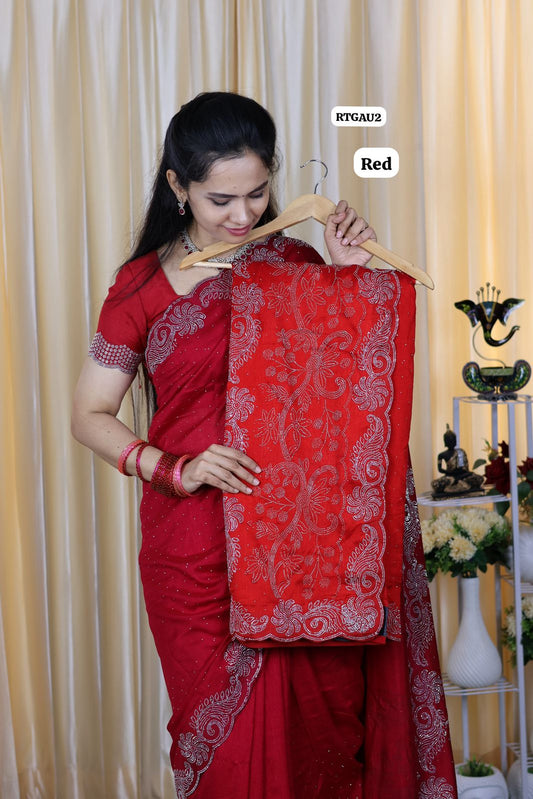 Party wear Chinnon silk with heavy work with running blouse 🔥🥳