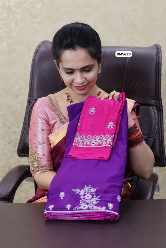 Premium soft Chinnon silk with chumkey and embroidery work unstitched 🔥😍🥳violet with pink