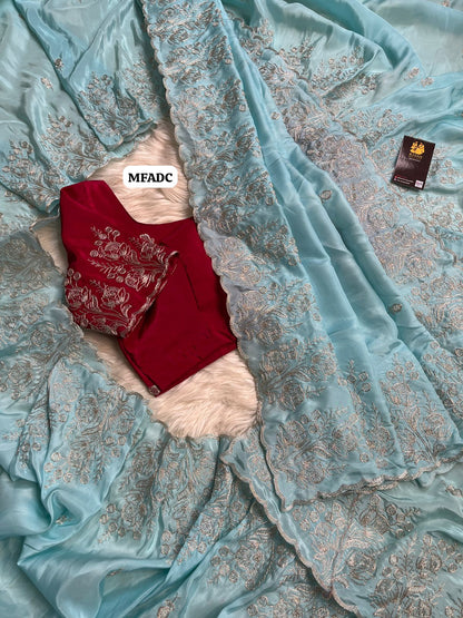 Soft & smooth Pure crape silk with floral design embroidery work with scalloped cutwork border and embroidery work blouse 🥳unstitched