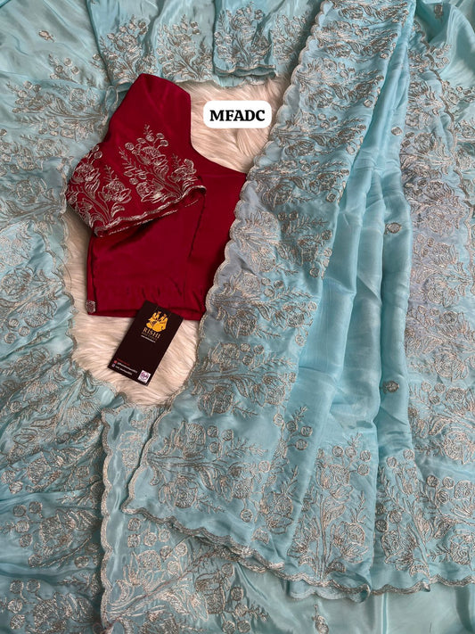 Soft & smooth Pure crape silk with floral design embroidery work with scalloped cutwork border and embroidery work blouse 🥳unstitched