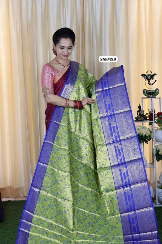 Kanchi bridal semi silk saree with runing blouse😍🥳Green with blue