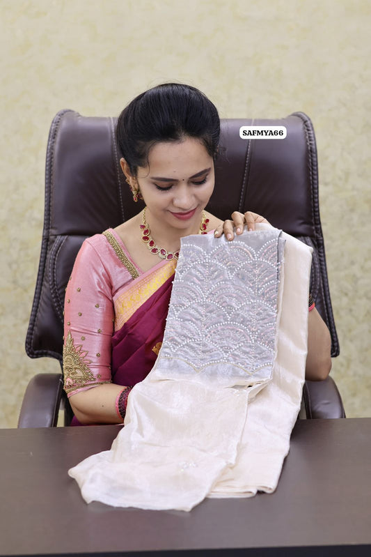 Space silk saree with work blouse 😍🥳Half white