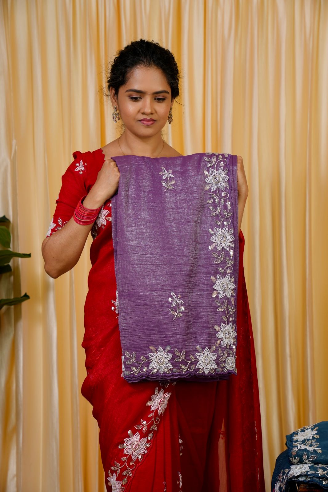 Premium crunchy sarees with pearl work🥳