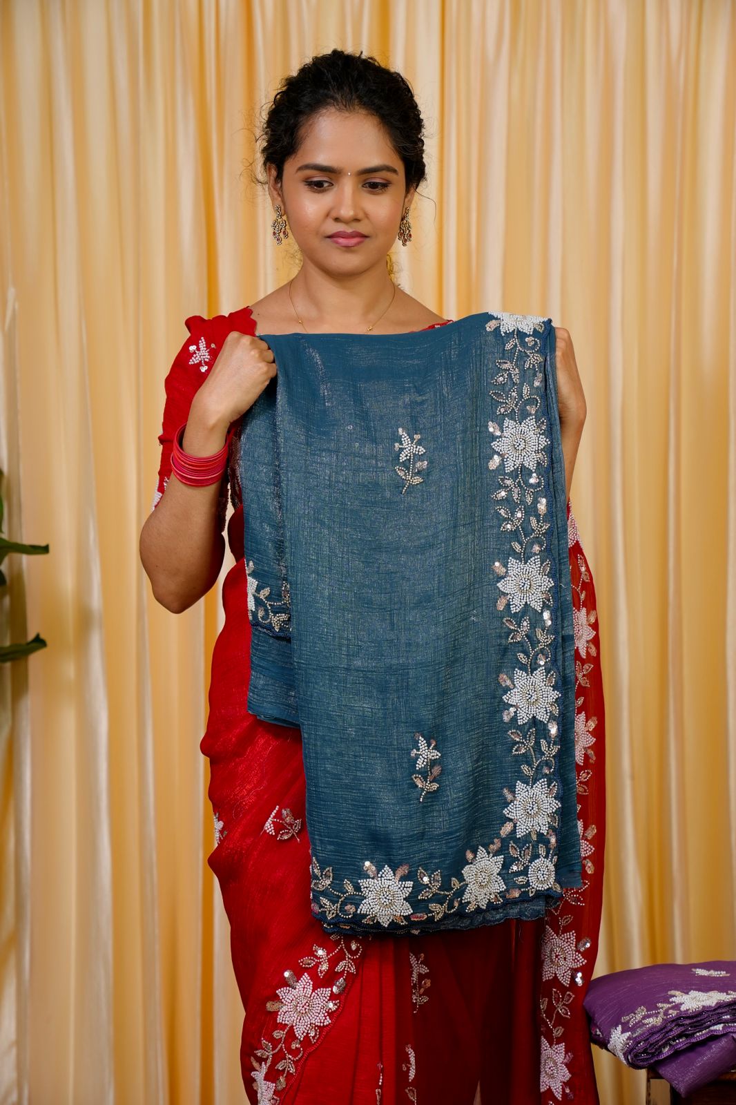 Premium crunchy sarees with pearl work🥳