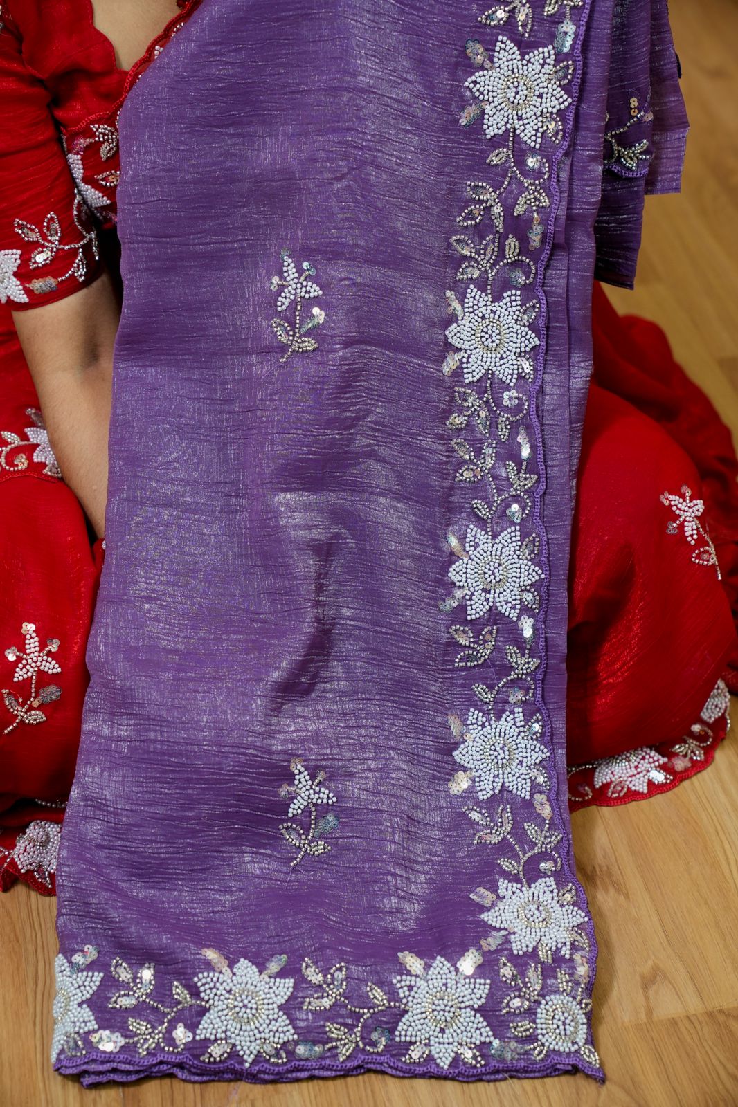 Premium crunchy sarees with pearl work🥳