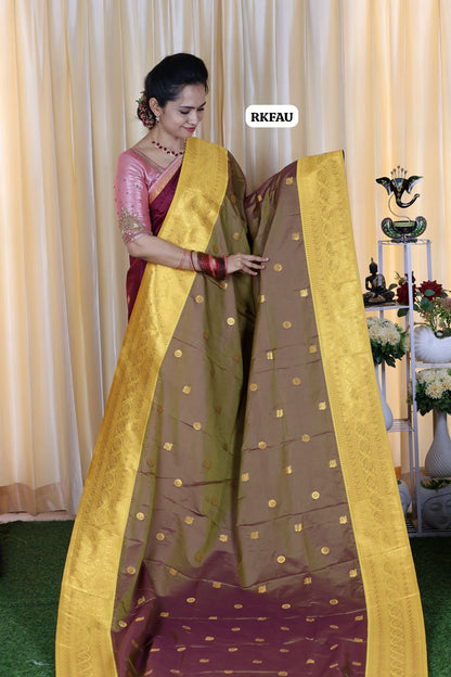 semi soft silk saree with 1000 buttas with running blouse 🥳Golden brown
