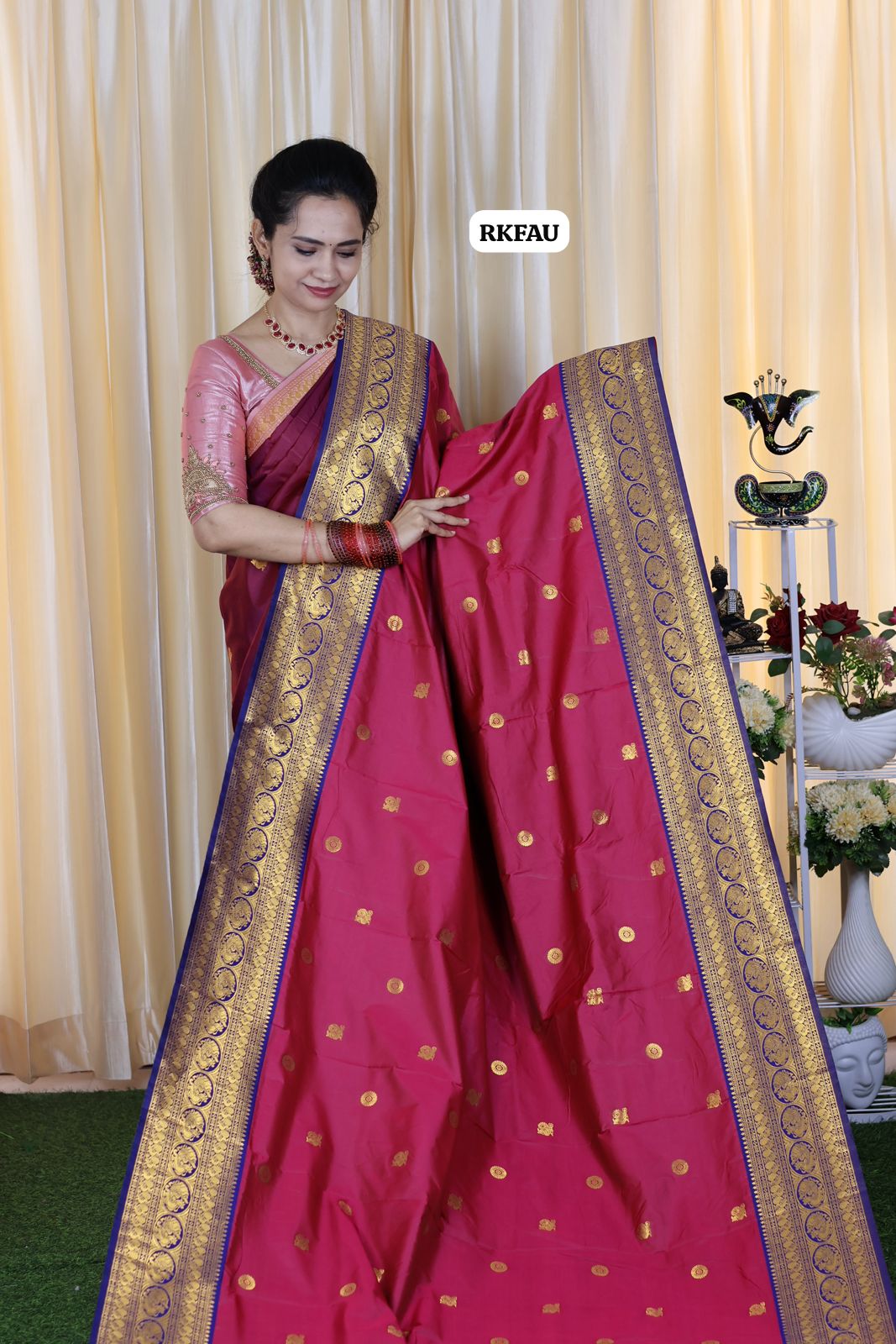 semi soft silk saree with 1000 buttas with running blouse 🥳pink with blue