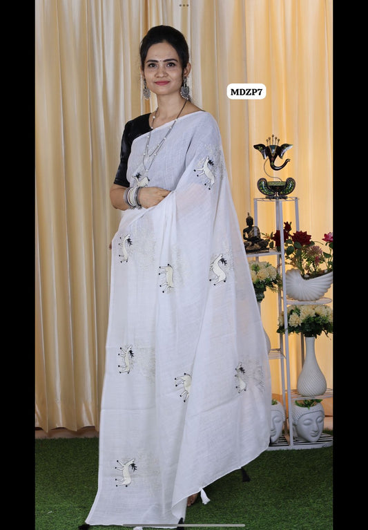 Soft linen saree with embroidery work with tassels  stitched 😍🥳