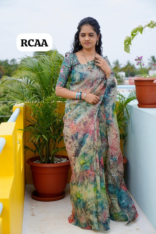 Organza saree with prints not available❌❌