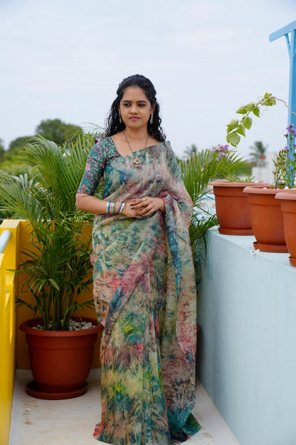Organza saree with prints not available❌❌