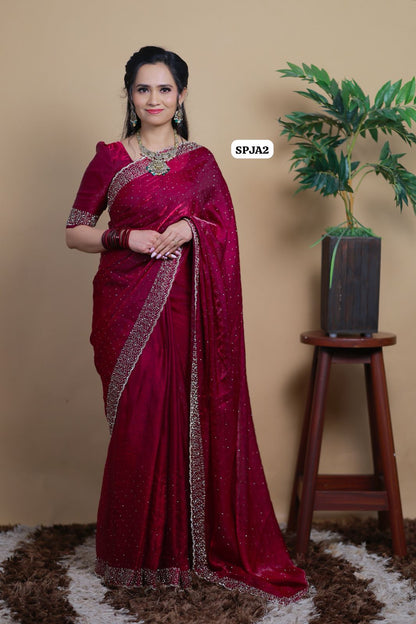 Premium space silk sarees with real jarkhan diamond work.🍏📍🥳dark rani pink