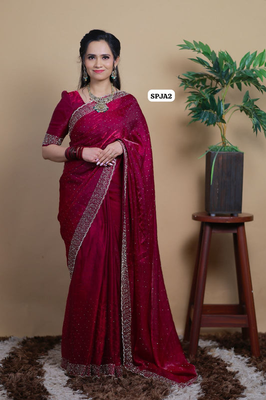 Premium space silk sarees with real jarkhan diamond work.🥳✅dark rani pink