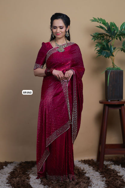 Premium space silk sarees with real jarkhan diamond work.🍏📍🥳dark rani pink