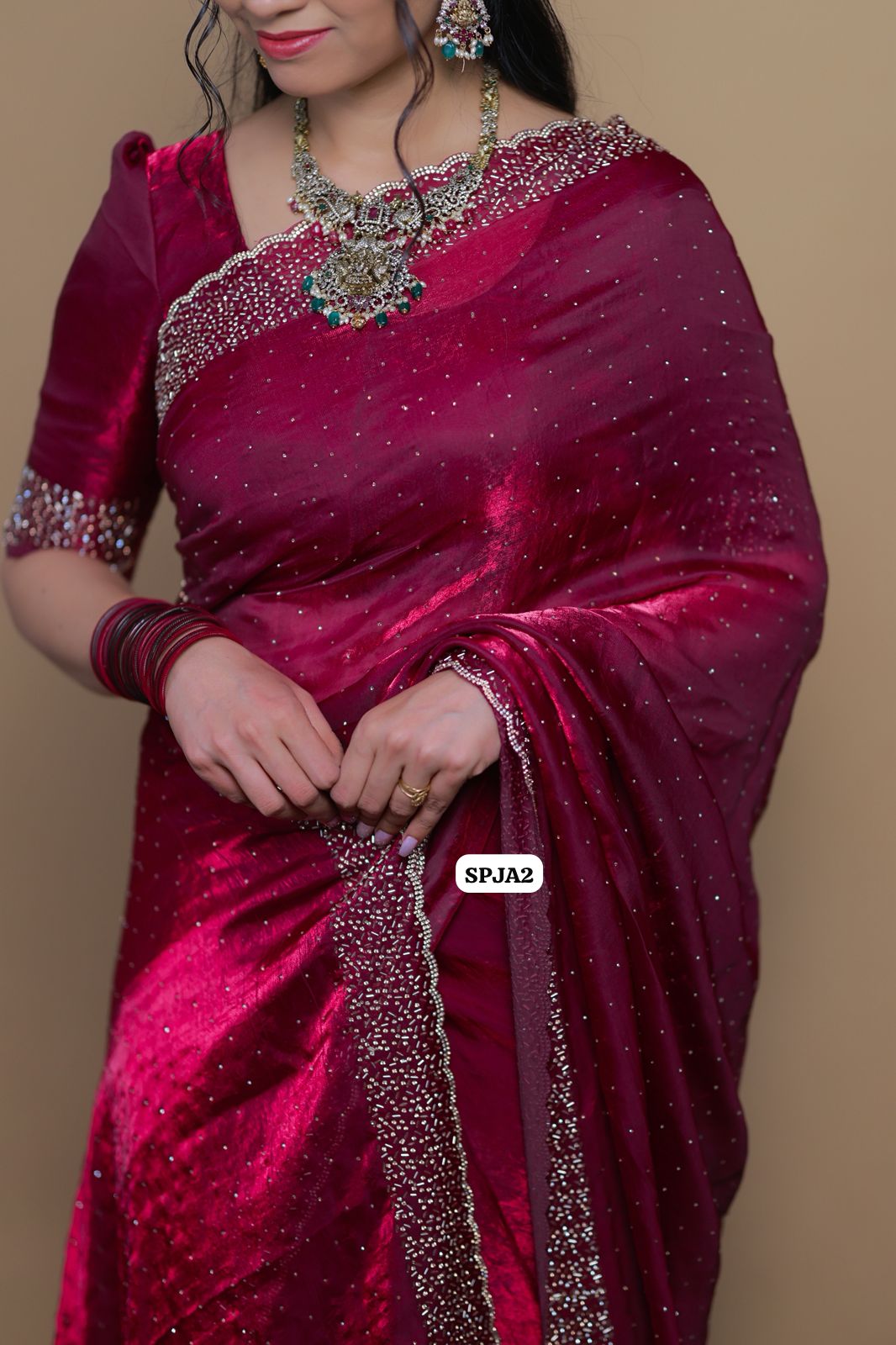 Premium space silk sarees with real jarkhan diamond work.🍏📍🥳dark rani pink
