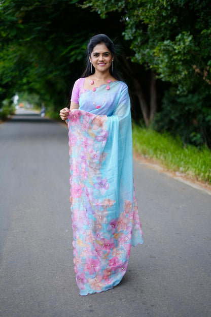 Organza floral digital print with embroidery work saree😍😎