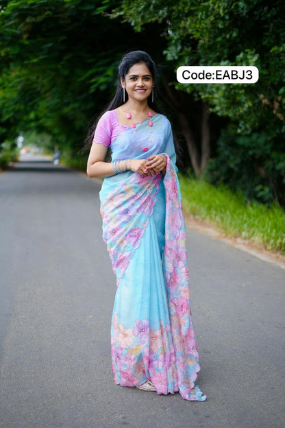 Organza floral digital print with embroidery work saree😍😎