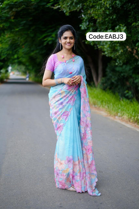 Organza floral digital print with embroidery work saree🥳