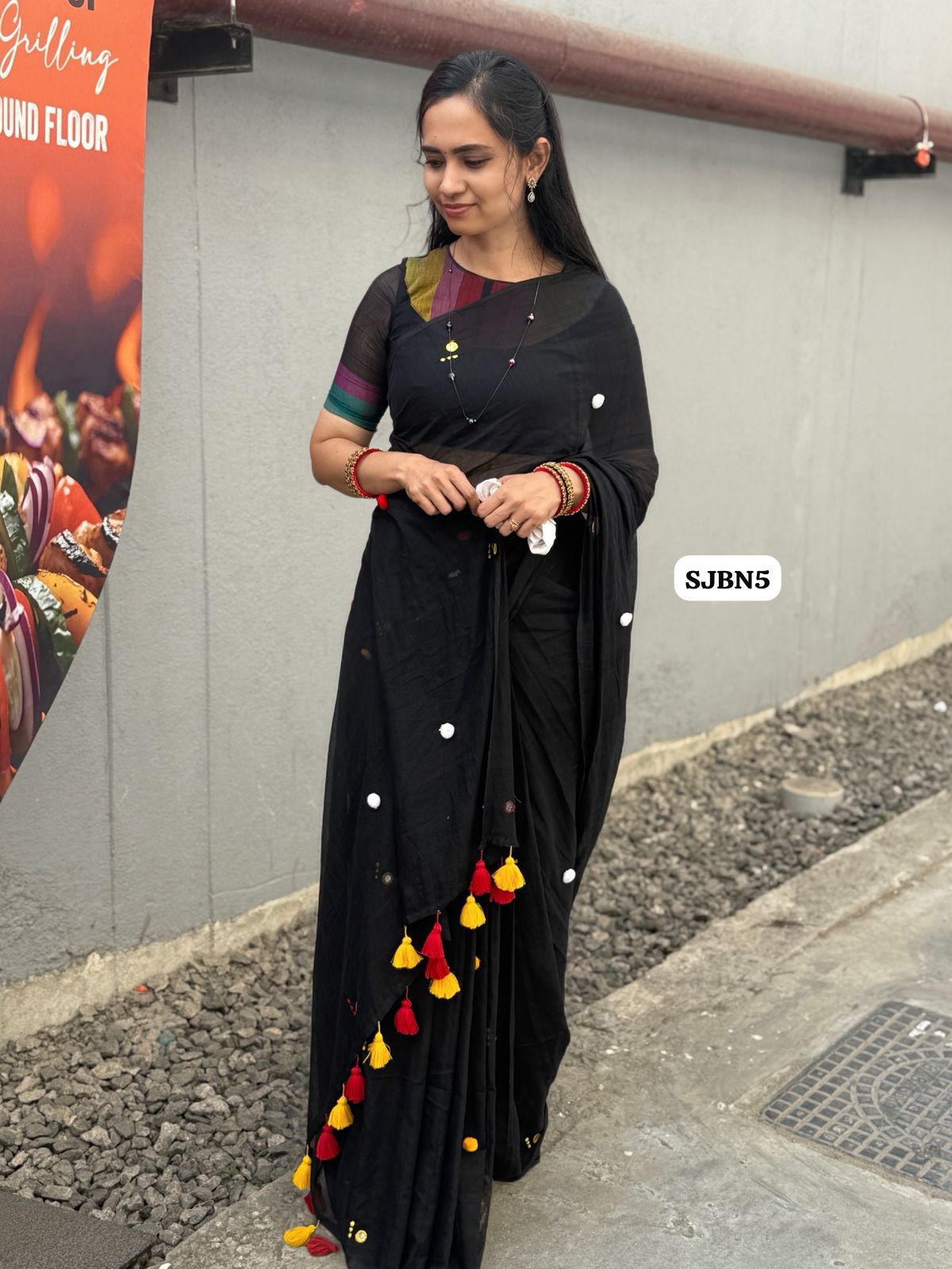 Mul cotton saree with mirror with and pompom work on saree. Unique and stylish concept 🎁