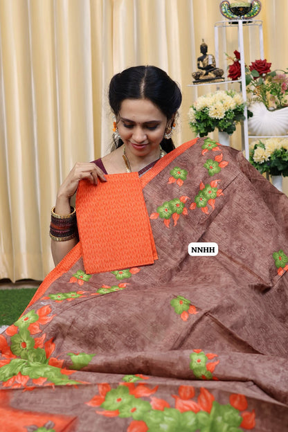 Cotton saree with contrast blouse trending design😍Ⓜ️