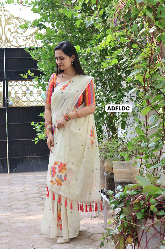 Linen chanderi saree with floral designs mirror work and thread embroidery work 
Colourful blouse🥳