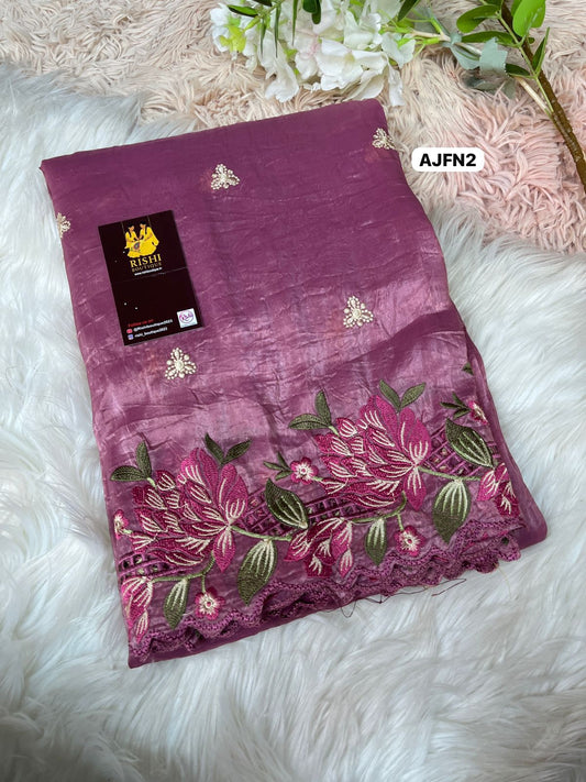 Soft gold crush saree with floral design multi thread embroider with scalloped cutwork border and   embroidery work blouse🥳