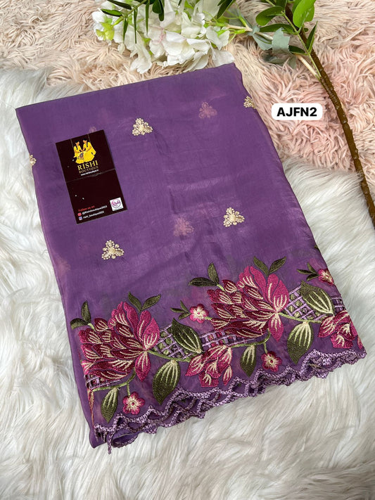 Soft gold crush saree with floral design multi thread embroider with scalloped cutwork border and   embroidery work blouse🥳