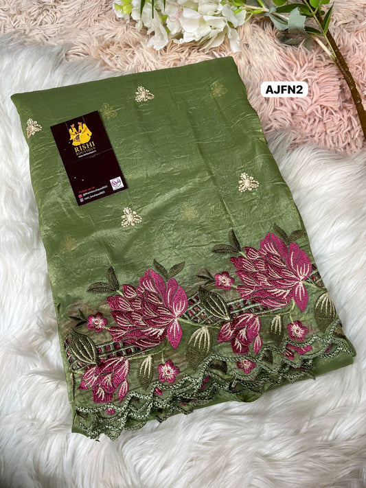 Soft gold crush saree with floral design multi thread embroider with scalloped cutwork border and   embroidery work blouse🥳