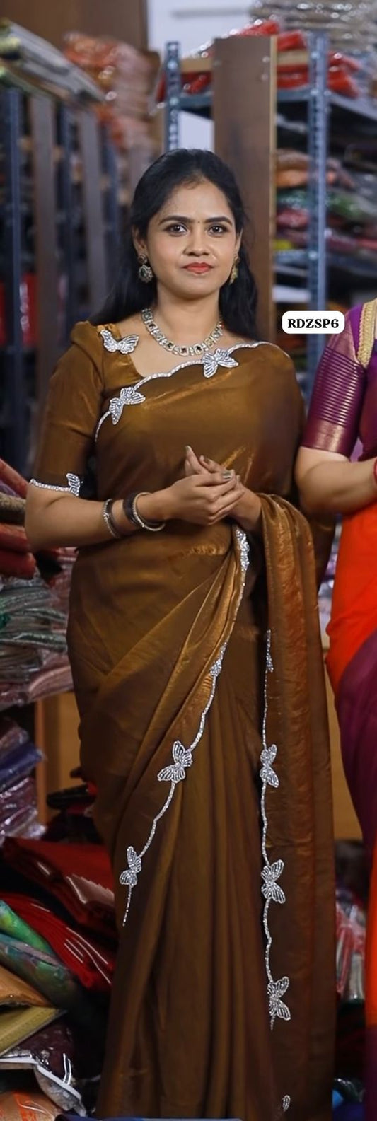 Premium quality Space silk fabric with real stone work butterfly done on border with running blouse🥳