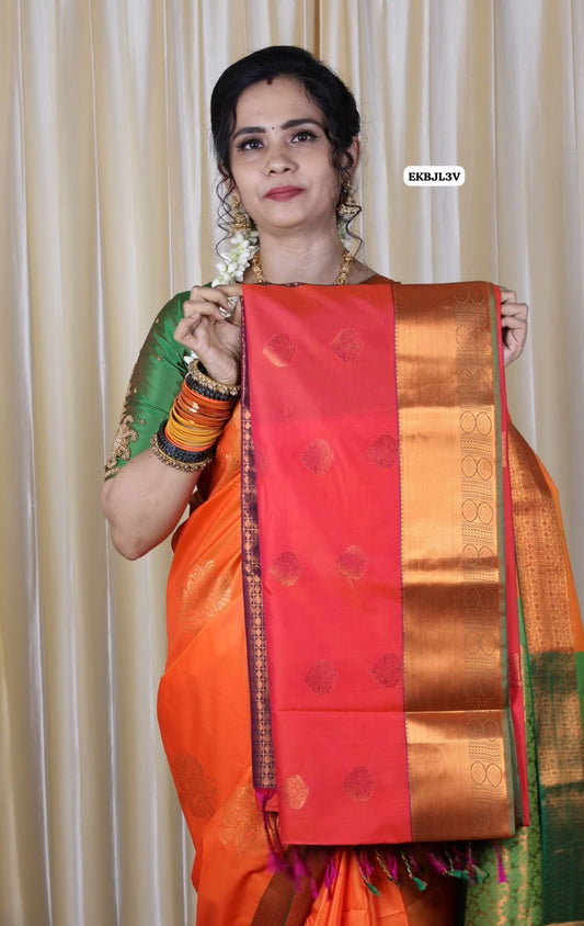 Kanchi Semi soft silk saree with contrast blouse (Reddish orange)🥳