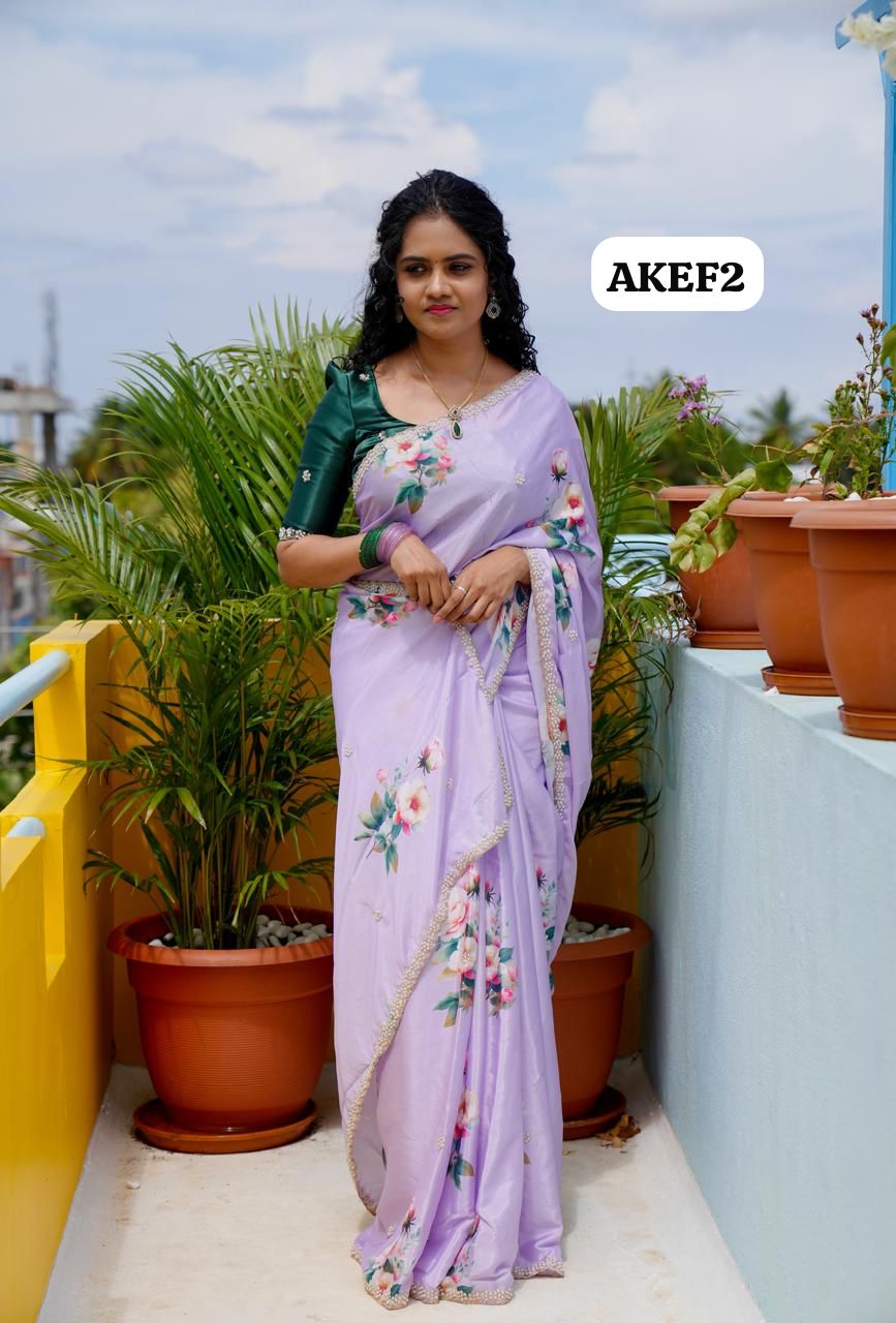 Chinnon digital printed sarees with pearl work and cutwork border. 🥳✅