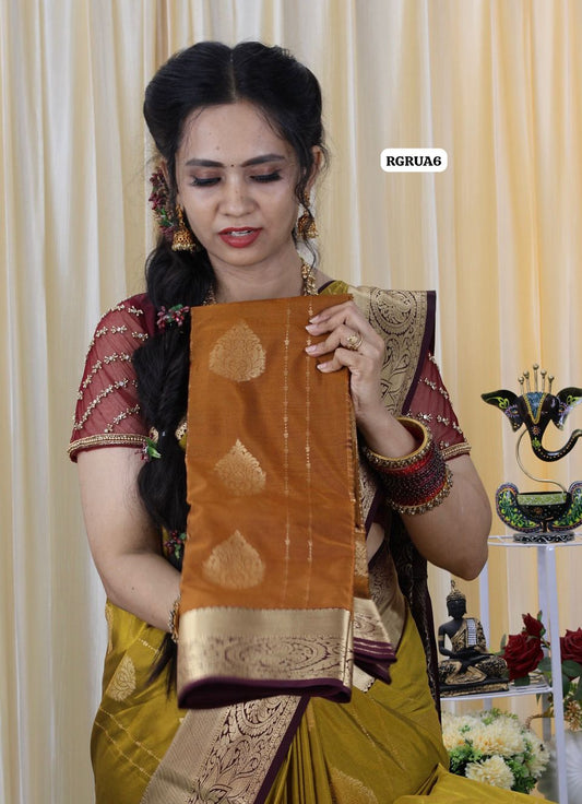 Premium kanchi soft silk saree with running blouse😎😍(Mustard yellow with dark brown)