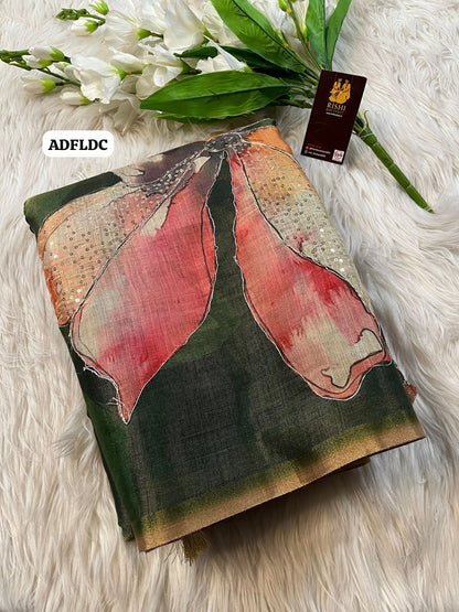 Linen chanderi saree with floral designs chumkey work and thread embroidery work  Colourful blouse🥳