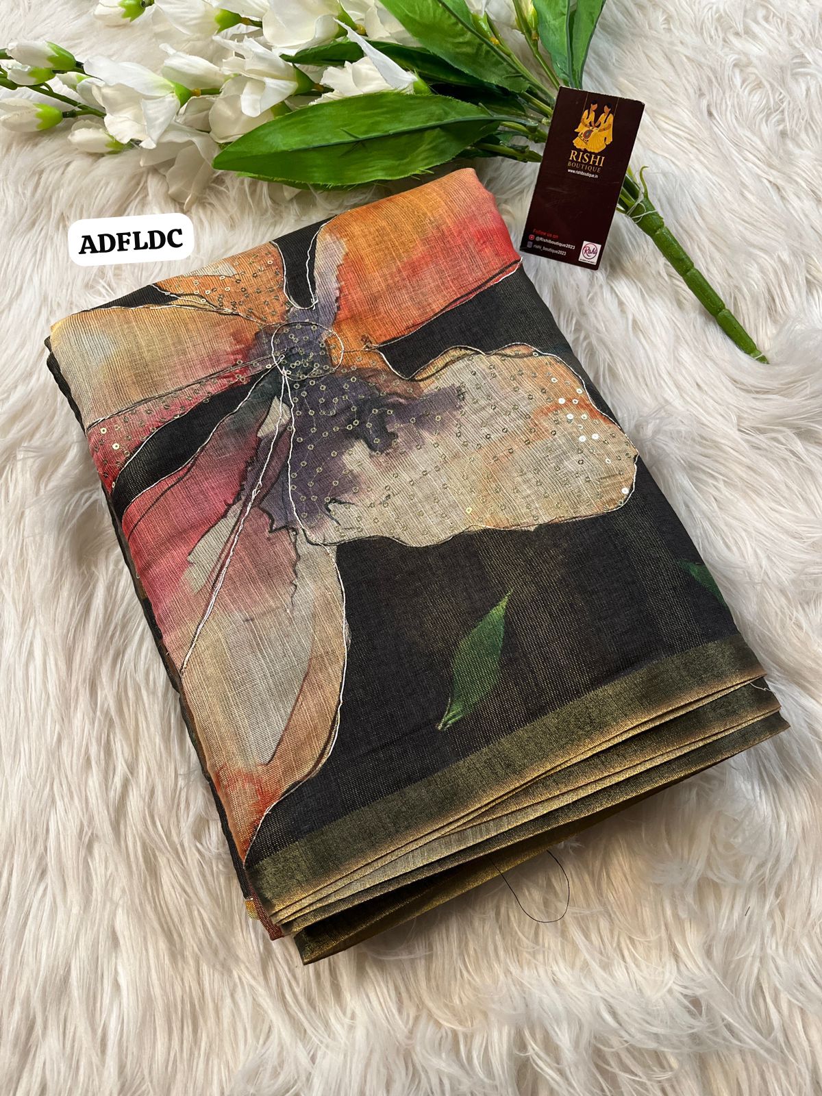 Linen chanderi saree with floral designs chumkey work and thread embroidery work  Colourful blouse🥳